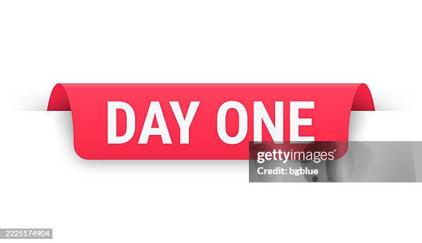 day one - red banner, bookmark, ribbon, label on white background - day 1 stock illustrations
