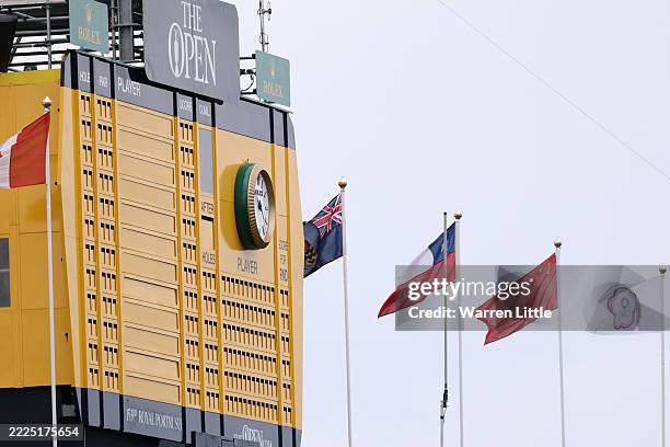 The scoreboard is seen on the 18th hole during a practice round prior to The 153rd Open Championship at Royal Portrush Golf Club on July 15, 2025 in...