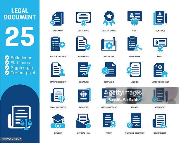 legal document glyph solid icons. containing contract, document, paper, certificate solid icons collection. vector illustration. perfect pixel on clean white background - visa application stock illustrations
