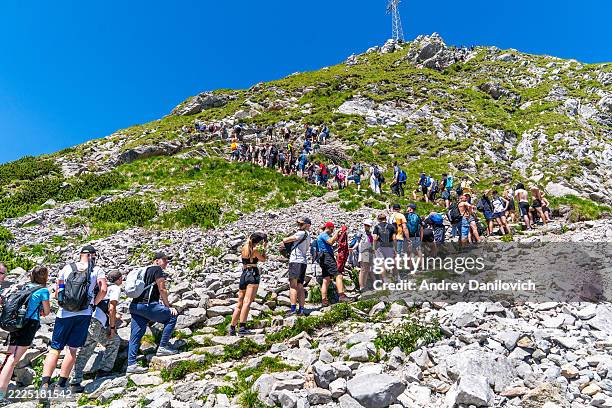 long line of hikers climbing rocky mountain path leading to giewont summit surrounded by green grass and alpine slopes in zakopane poland under clear blue sky - mountain ridge stock pictures, royalty-free photos & images