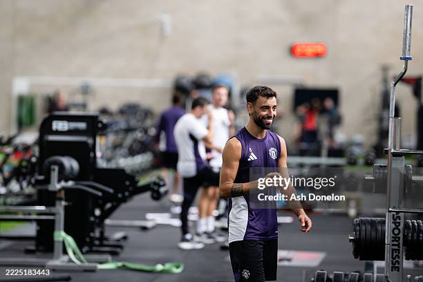 Bruno Fernandes of Manchester United in action during a first team training session at Carrington Training Ground on July 14, 2025 in Manchester,...