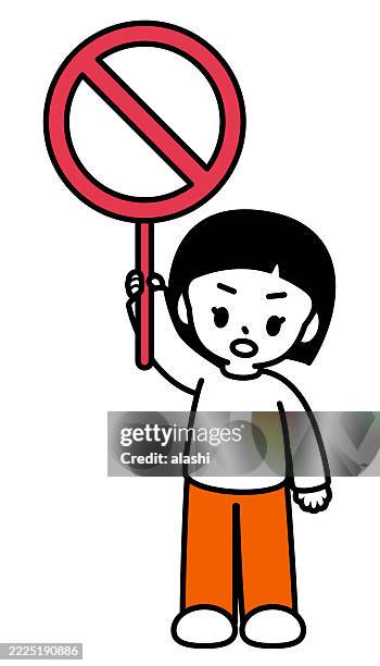 ein süßes mädchen, das ein verbotsschild hochhält, schaut den betrachter an. vorderansicht, schwarzer umriss mit flachen farben, minimalistischer stil - verbotsschild stock-grafiken, -clipart, -cartoons und -symbole