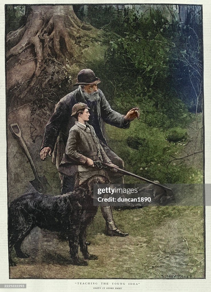 The old gamekeeper teaching a boy how to hunt, Dog, Shotgun, Rabbit, Victorian, 1895, Vintage illustration 19th Century