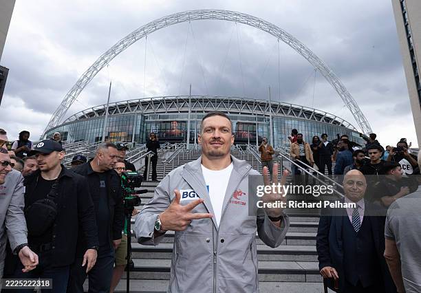 Oleksandr Usyk posses during the 'Undisputed' photocall at Wembley Stadium on July 15, 2025 in London, England.
