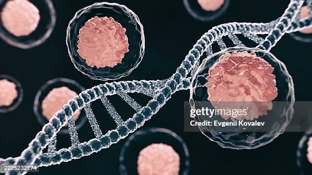 stem cells interacting with a dna helix, showcasing advanced genetic research and biotechnology - celdeling stockfoto's en -beelden