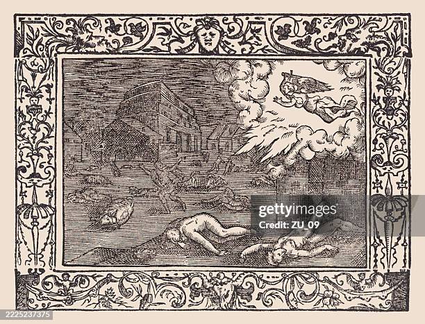 death of the firstborn (exoldus 12,29), wood engraving, published 1607 - epidemic stock illustrations