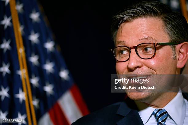 Speaker of the House Mike Johnson speaks at a press conference following a House Republican conference meeting on Capitol Hill on July 15, 2025 in...