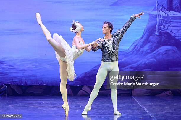 Dancers of the Kiev Ballet perform on stage during a dress rehearsal of "Swan Lake" at Teatre Tivoli on July 15, 2025 in Barcelona, Spain.
