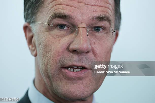 Secretary General Mark Rutte answers questions during a brief press conference with Sen. Thom Tillis and Sen. Jeanne Shaheen on Capitol Hill on July...