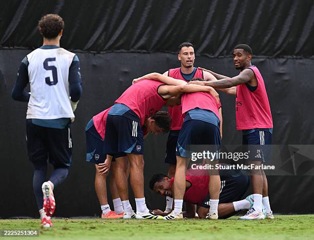 Tommy Setford, Harrison Dudziak, Jakub Kiwior, Gabriel Martinelli, William Salibaand Reece Nelson of Arsenal during a training session at La Manga...