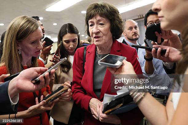 Sen. Susan Collins speaks with reporters at the U.S. Capitol on July 15, 2025 in Washington, DC. Republican senators are considering a rescissions...
