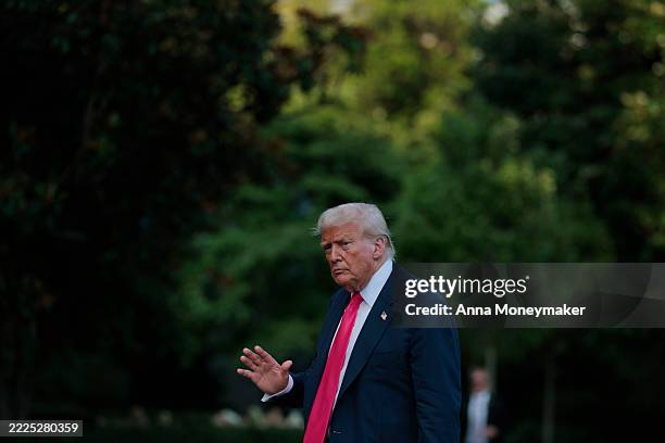 President Donald Trump walks on the South Lawn of the White House after returning on Marine One on July 15, 2025 in Washington, DC. Trump spent the...