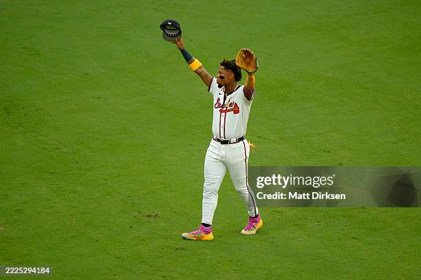 Ronald Acuña Jr of the Atlanta Braves salutes the fans in the MLB All-Star Game at Truist Park on July 15, 2025 in Atlanta, Georgia.