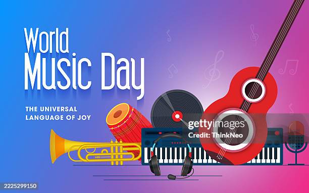world music day banner with musical instruments - microphone background stock illustrations