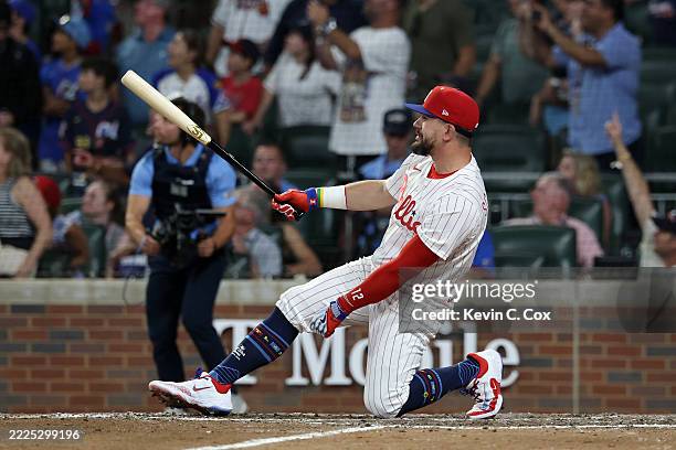 Kyle Schwarber of the Philadelphia Phillies reacts after hitting three home runs in the swing-off to decide the MLB All-Star Game at Truist Park on...