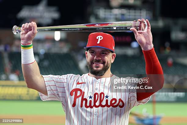 Kyle Schwarber of the Philadelphia Phillies celebrates after winning the Most Valuable Player of the MLB All-Star Game at Truist Park on July 15,...