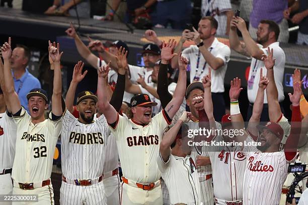 The National League team celebrates winning the Swing Off to win the All-Star Game at Truist Park on July 15, 2025 in Atlanta, Georgia.
