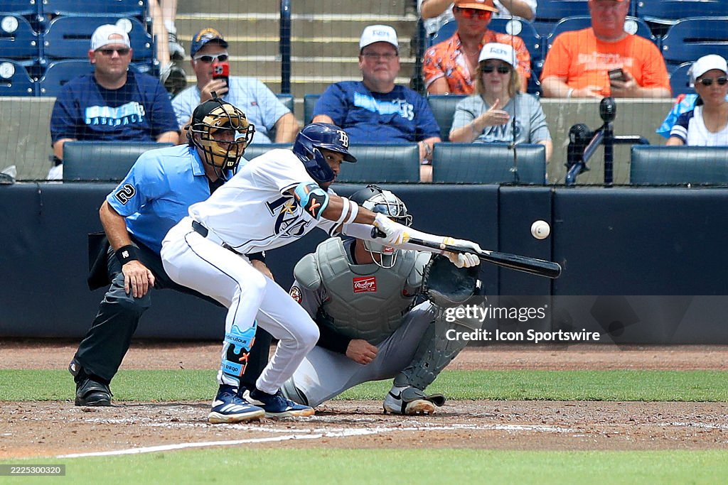 Simpson Rays Baseball Player Tampa Bay Rays Outfielder Chandler Simpson attempts to lay a bunt ...