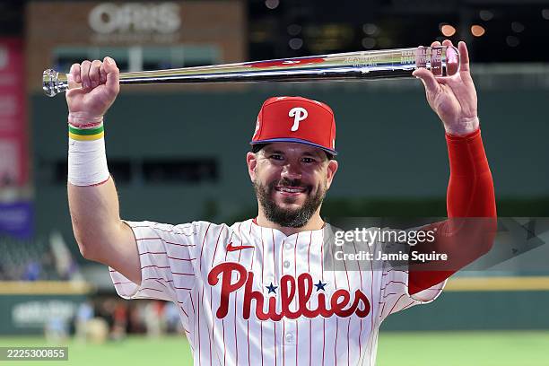 Kyle Schwarber of the Philadelphia Phillies celebrates after winning the Most Valuable Player of the MLB All-Star Game at Truist Park on July 15,...