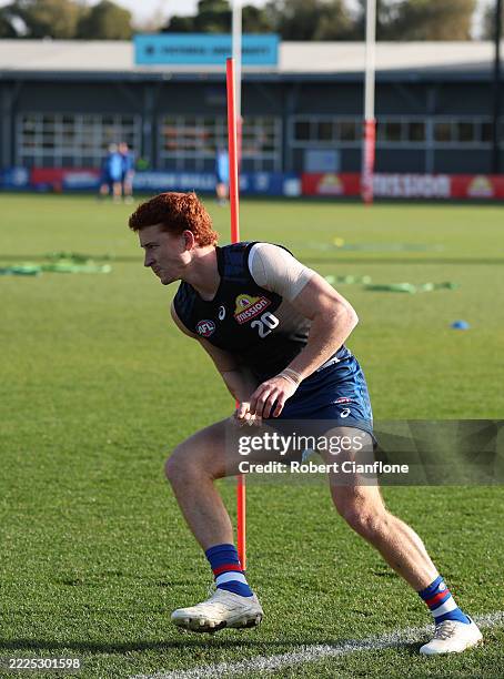 Ed Richards of the Bulldogs runs during a Western Bulldogs AFL training session at Whitten Oval on July 16, 2025 in Melbourne, Australia.