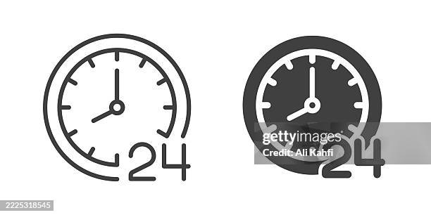 24 hours thin line and glyph solid icon. editable stroke and perfect pixel isolated on transparent background - number 24 stock illustrations