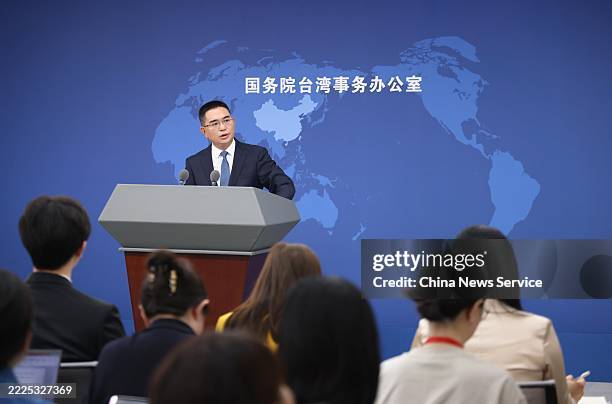 Chen Binhua, spokesman for the Taiwan Affairs Office of the State Council, speaks at a regular press conference on July 16, 2025 in Beijing, China.