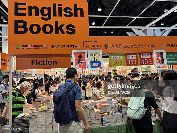People select books during the 35th Hong Kong Book Fair at the Hong Kong Convention and Exhibition Centre on July 16, 2025 in Hong Kong, China. The...