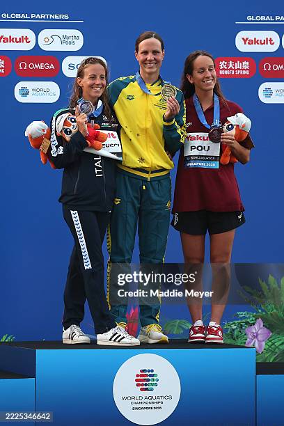 Silver medallist Ginevra Taddeucci of Team Italy, Gold medallist Moesha Johnson of Team Australia and Bronze medallist Lisa Pou of Team Monaco pose...