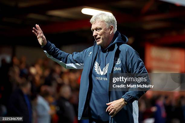 David Moyes, Manager of Everton, acknowledges the fans after the pre-season friendly match between Accrington Stanley and Everton at Wham Stadium on...