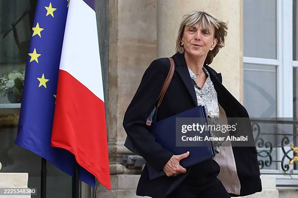 French Minister in charge of Housing Valerie Letard leaves the Elysee Palace following a cabinet meeting on July 16, 2025 in Paris, France.