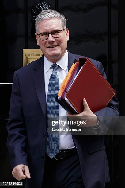 Prime Minister Keir Starmer leaves 10 Downing Street to attend Prime Minister's Questions on July 16, 2025 in London, England. Today will be the last...