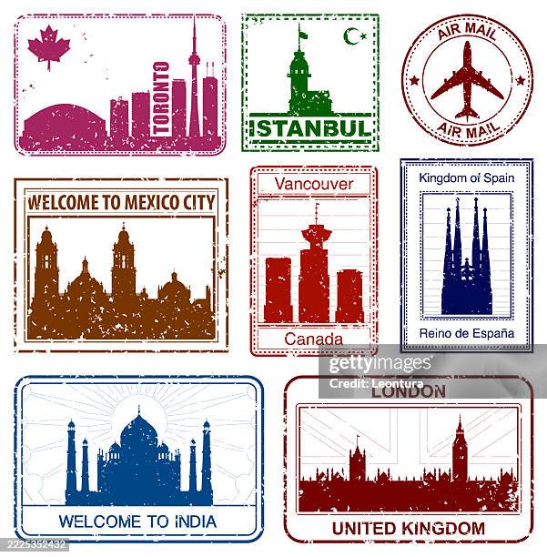 passport stamps - vancouver usa skyline stock illustrations