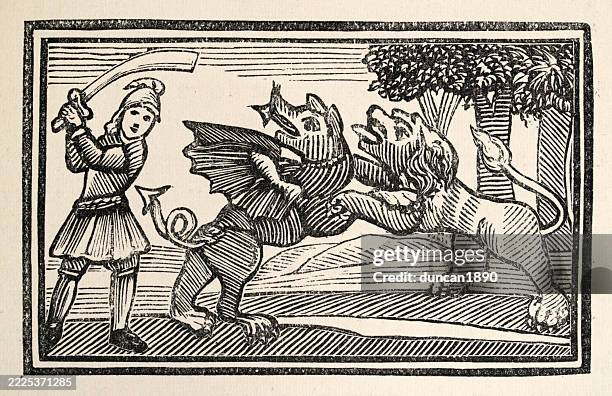 englische volksmärchen, ritter, der einen löwen vor einem drachen rettet, guy of warwick, ein legendärer englischer held der romantik, holzschnitt illustration eines chapbooks aus dem 18. jahrhundert - mythologische gestalt stock-grafiken, -clipart, -cartoons und -symbole