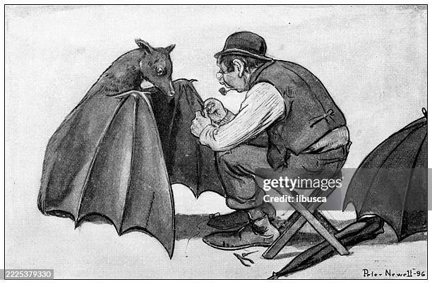 umbrella man "repairing" bat wing - bat wing stock illustrations