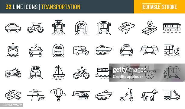 transportation thin line icons - editable stroke - icons include a car, bicycle, public transit, bus, train, boat, motorcycle, subway, airplane - chopper motorcycle stock illustrations