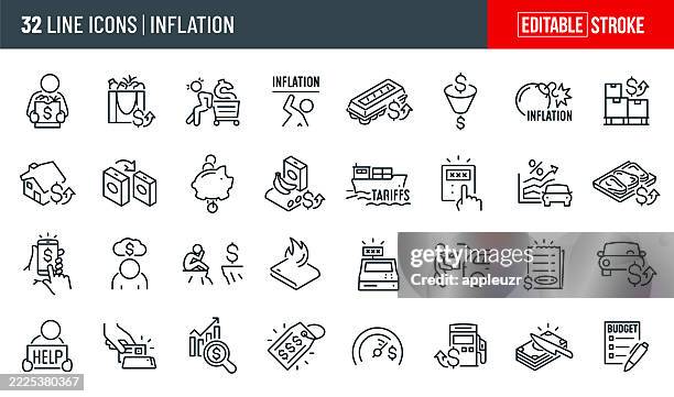 inflation thin line icons - editable stroke - icons include raising prices, economy, food, gasoline, house, car, expense, financial burden, unaffordable, tariffs - middle class stock illustrations