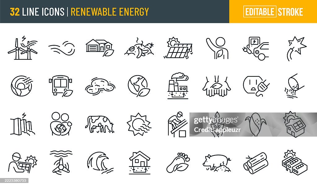 Renewable Energy Thin Line Icons - Editable Stroke - Icons Include Solar Power, Wind Power, Hydropower, Geothermal, Biomass, Fuel Sources, Sustainability, Environmental Conservation