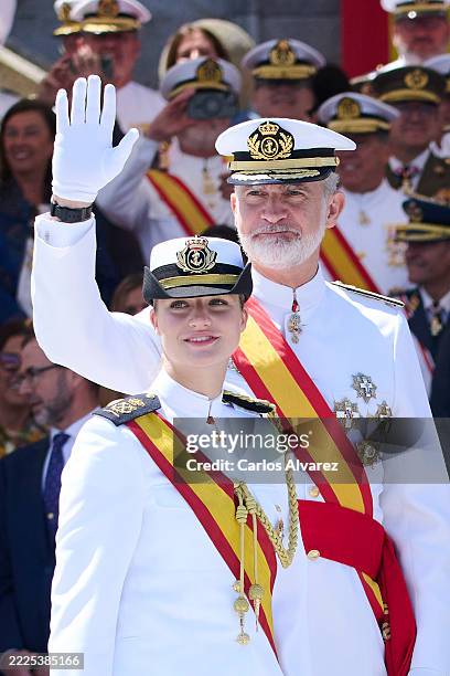 King Felipe VI of Spain and Crown Princess Leonor of Spain attend a presentation of Royal dispatches of employment at Escuela Naval on July 16, 2025...