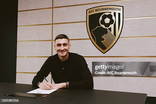 New Bournemouth player Djordje Petrovic poses after signing at Canford Performance Centre on July 16, 2025 in Wimborne Minster, England.