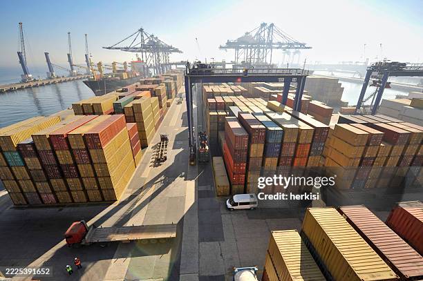 stack of containers box. cargo freight shipping of container logistics industry concept - douane stockfoto's en -beelden