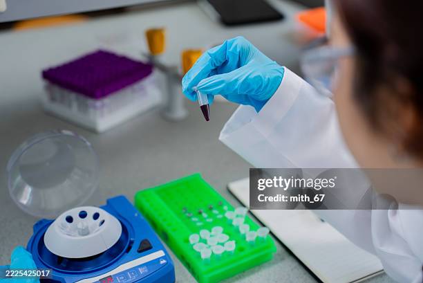 primer plano de un técnico de laboratorio cargando microcentrífugas para la preparación de muestras en el laboratorio de biociencias - biochip equipo de laboratorio fotografías e imágenes de stock