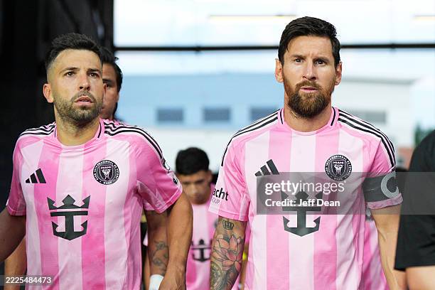 Lionel Messi of Inter Miami CF and teammate Jordi Alba enter the pitch for the second half during the MLS match between FC Cincinnati and Inter Miami...
