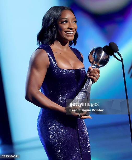 Simone Biles accepts the Best Athlete Women's Sports Award onstage during the 2025 ESPY Awards at Dolby Theatre on July 16, 2025 in Hollywood,...
