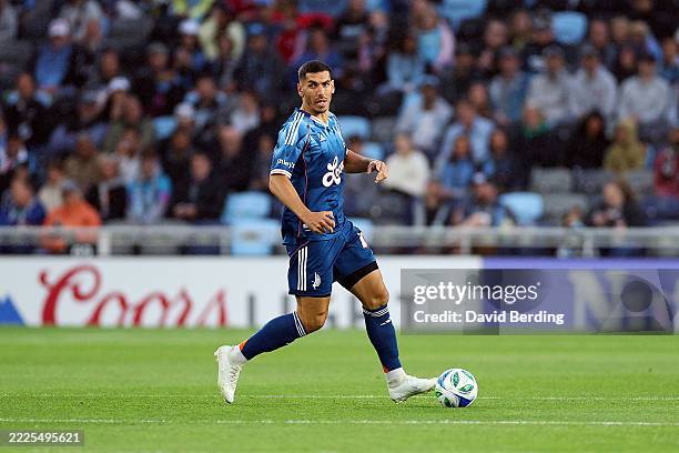 Michael Boxall of Minnesota United controls the ball against Los Angeles FC in the first half at Allianz Field on July 16, 2025 in St Paul,...