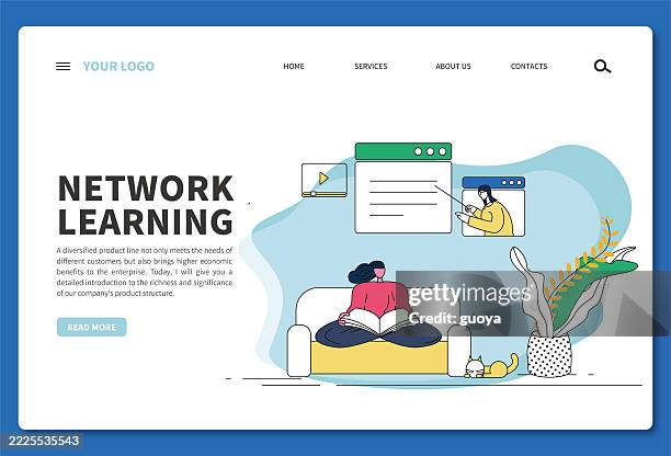 studying at home on the couch, remote video learning, stay at home. banner - logo, web banner, template, web page, - moving couch stock illustrations