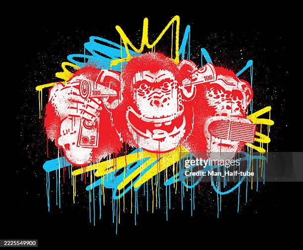 three wise monkeys graffiti - see no evil monkey stock illustrations
