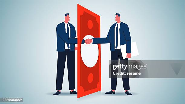 business partnerships and agreements, looking for career or business opportunities, two businessmen shaking hands over a banknote - mergers and acquisitions stock illustrations