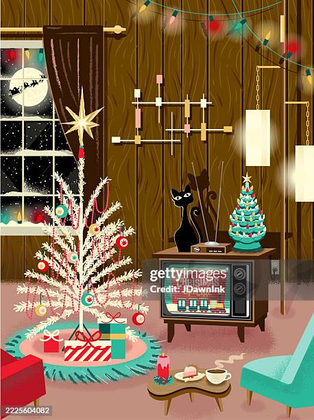 vintage retro mid-century livingroom concept scene decorated for christmas with tree, television, cat, ceramic tree and santa with wood panel walls - cozy winter stock illustrations