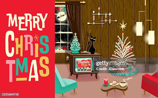 vintage retro mid-century livingroom greeting concept scene decorated for christmas with tree, television, cat, ceramic tree and santa with wood panel walls - cozy winter stock illustrations