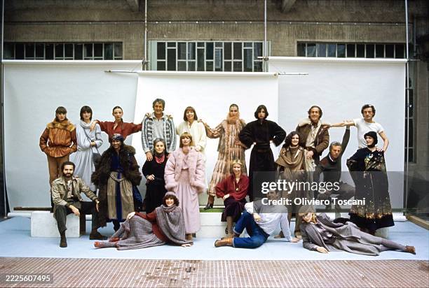 Group portrait of Italian designers, including, from right, Walter Albini for Trell, Jean Baptiste Caumont, Mariuccia Mandelli for Krizia, Muriel...